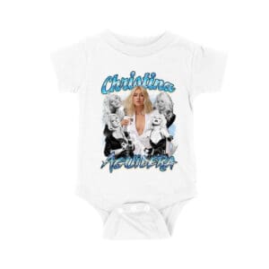 Christina Aguilera Grayscale Collage T-Shirt with Blue Name Highlight Unisex Baby Jersey