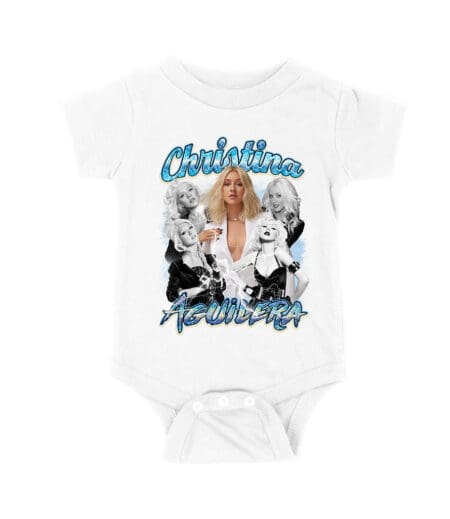 Christina Aguilera Grayscale Collage T-Shirt with Blue Name Highlight Unisex Baby Jersey