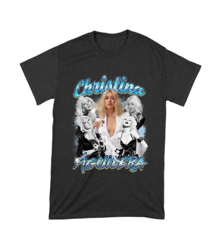 Christina Aguilera Grayscale Collage T-Shirt with Blue Name Highlight Unisex Toddler – Viva Party