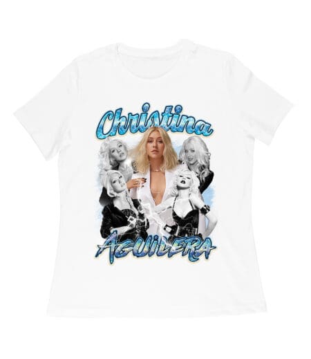 Christina Aguilera Grayscale Collage T-Shirt with Blue Name Highlight Women Relaxed