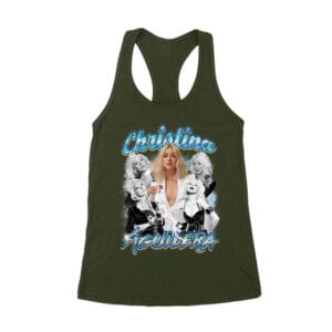 Christina Aguilera Grayscale Collage T-Shirt with Blue Name Highlight Women's Racerback Tank Top