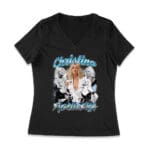 Christina Aguilera Grayscale Collage T-Shirt with Blue Name Highlight Women Jersey V-Neck – Viva Party