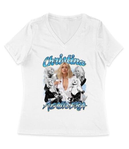 Christina Aguilera Grayscale Collage T-Shirt with Blue Name Highlight Women Jersey V-Neck
