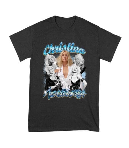 Christina Aguilera Grayscale Collage T-Shirt with Blue Name Highlight Unisex Youth – Viva Party