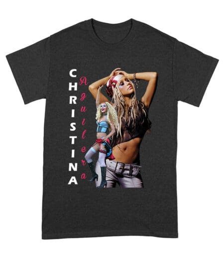 Side Pose Christina Aguilera T-Shirt with Vertical Name Graphic Design Unisex Adult – Viva Party