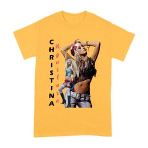 Side Pose Christina Aguilera T-Shirt with Vertical Name Graphic Design Unisex Adult
