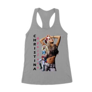 Side Pose Christina Aguilera T-Shirt with Vertical Name Graphic Design Women's Racerback Tank Top