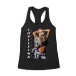 Side Pose Christina Aguilera T-Shirt with Vertical Name Graphic Design Women's Racerback Tank Top – Viva Party