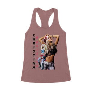 Side Pose Christina Aguilera T-Shirt with Vertical Name Graphic Design Women's Racerback Tank Top