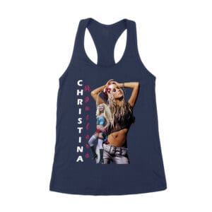 Side Pose Christina Aguilera T-Shirt with Vertical Name Graphic Design Women's Racerback Tank Top