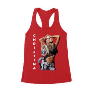 Side Pose Christina Aguilera T-Shirt with Vertical Name Graphic Design Women's Racerback Tank Top