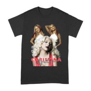 Sassy Christina Aguilera T-Shirt with Red Dress and Confident Expression Unisex Adult – Viva Party