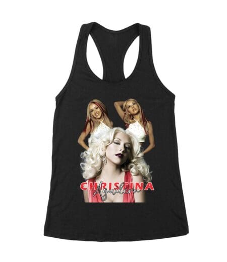 Sassy Christina Aguilera T-Shirt with Red Dress and Confident Expression Women's Racerback Tank Top – Viva Party