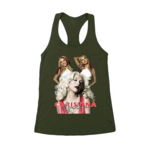 Sassy Christina Aguilera T-Shirt with Red Dress and Confident Expression Women's Racerback Tank Top