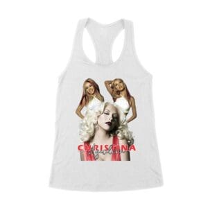 Sassy Christina Aguilera T-Shirt with Red Dress and Confident Expression Women's Racerback Tank Top
