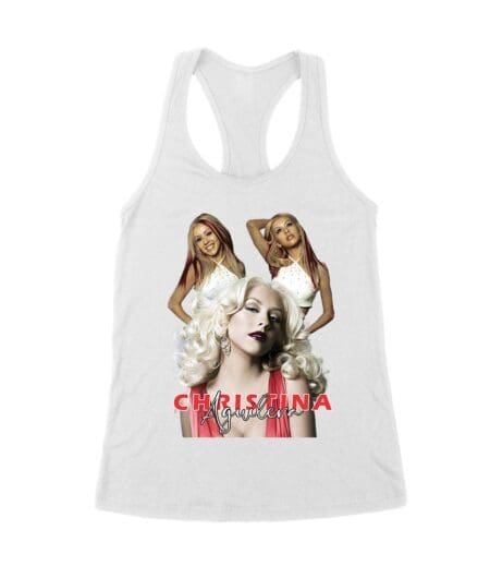 Sassy Christina Aguilera T-Shirt with Red Dress and Confident Expression Women's Racerback Tank Top