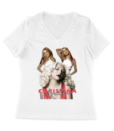 Sassy Christina Aguilera T-Shirt with Red Dress and Confident Expression Women Jersey V-Neck