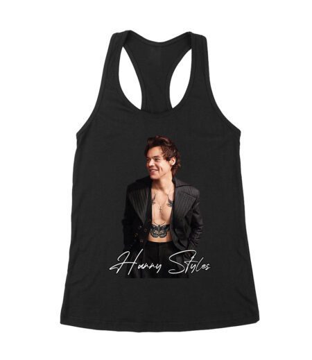 Stylish Black and White Hary-Styls Portrait Graphic Tee for True Fans Women's Racerback Tank Top – Viva Party
