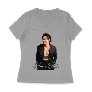 Stylish Black and White Hary-Styls Portrait Graphic Tee for True Fans Women Jersey V-Neck