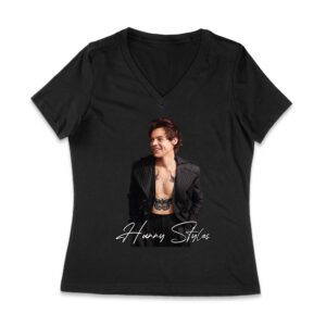 Stylish Black and White Hary-Styls Portrait Graphic Tee for True Fans Women Jersey V-Neck – Viva Party