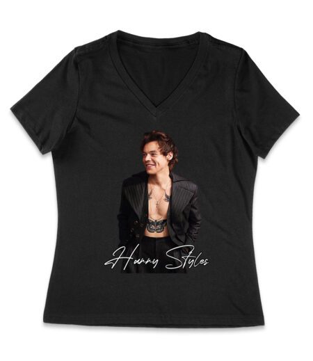Stylish Black and White Hary-Styls Portrait Graphic Tee for True Fans Women Jersey V-Neck – Viva Party