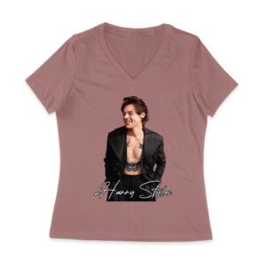 Stylish Black and White Hary-Styls Portrait Graphic Tee for True Fans Women Jersey V-Neck