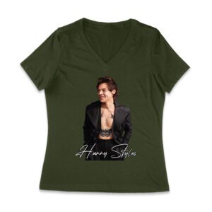 Stylish Black and White Hary-Styls Portrait Graphic Tee for True Fans Women Jersey V-Neck