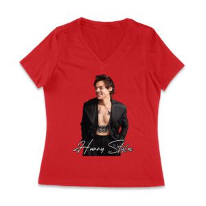 Stylish Black and White Hary-Styls Portrait Graphic Tee for True Fans Women Jersey V-Neck