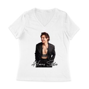 Stylish Black and White Hary-Styls Portrait Graphic Tee for True Fans Women Jersey V-Neck