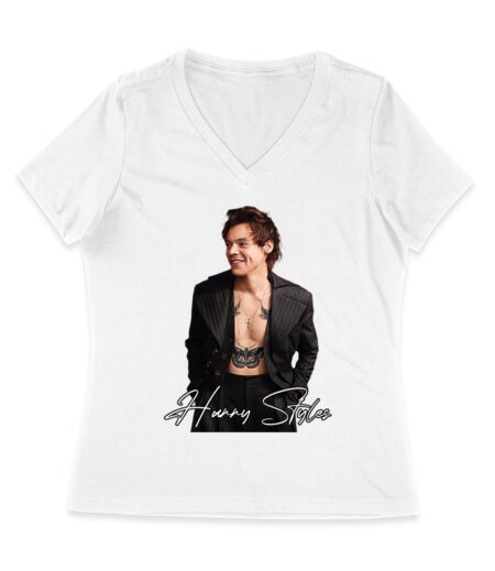 Stylish Black and White Hary-Styls Portrait Graphic Tee for True Fans Women Jersey V-Neck