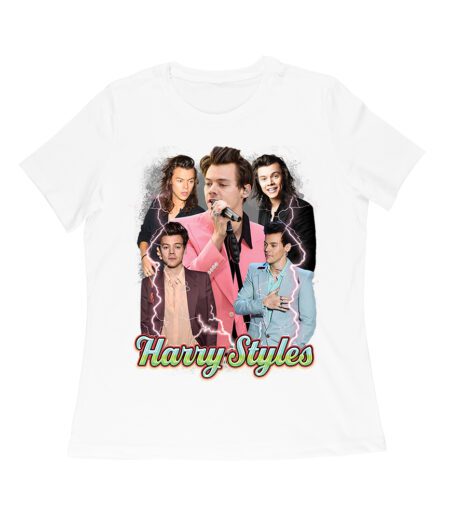Colorful Lightning Collage Hary-Styls Graphic Tee Featuring Iconic Poses Women Relaxed