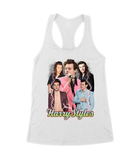 Colorful Lightning Collage Hary-Styls Graphic Tee Featuring Iconic Poses Women's Racerback Tank Top