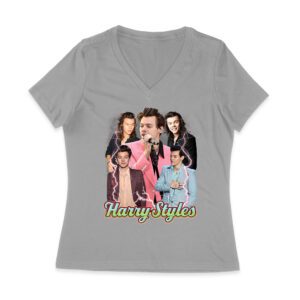 Colorful Lightning Collage Hary-Styls Graphic Tee Featuring Iconic Poses Women Jersey V-Neck