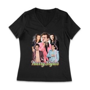 Colorful Lightning Collage Hary-Styls Graphic Tee Featuring Iconic Poses Women Jersey V-Neck – Viva Party