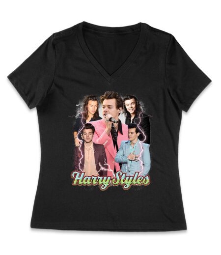 Colorful Lightning Collage Hary-Styls Graphic Tee Featuring Iconic Poses Women Jersey V-Neck – Viva Party