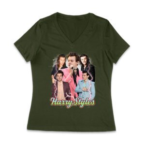 Colorful Lightning Collage Hary-Styls Graphic Tee Featuring Iconic Poses Women Jersey V-Neck