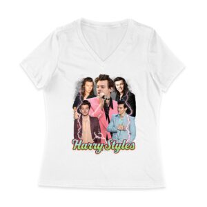 Colorful Lightning Collage Hary-Styls Graphic Tee Featuring Iconic Poses Women Jersey V-Neck