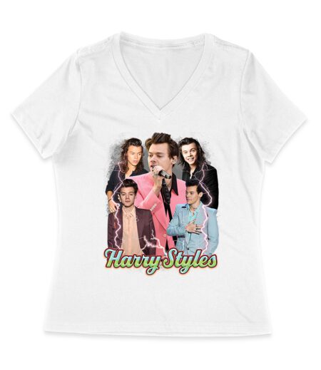 Colorful Lightning Collage Hary-Styls Graphic Tee Featuring Iconic Poses Women Jersey V-Neck