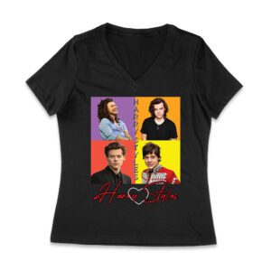 Retro Pop Color Blocks Hary-Styls Graphic T-Shirt for Music Lovers Women Jersey V-Neck – Viva Party
