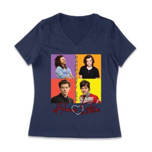 Retro Pop Color Blocks Hary-Styls Graphic T-Shirt for Music Lovers Women Jersey V-Neck