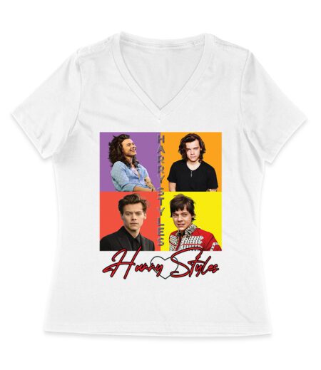 Retro Pop Color Blocks Hary-Styls Graphic T-Shirt for Music Lovers Women Jersey V-Neck