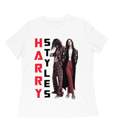 Vertical Text Red-Black Hary-Styls T-Shirt with Stylish Pose Women Relaxed