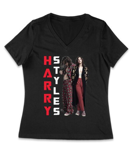 Vertical Text Red-Black Hary-Styls T-Shirt with Stylish Pose Women Jersey V-Neck – Viva Party