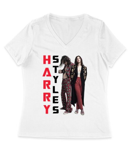Vertical Text Red-Black Hary-Styls T-Shirt with Stylish Pose Women Jersey V-Neck