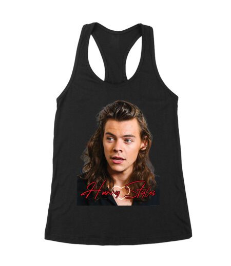 Close-Up Face Hary-Styls Fan Art Tee with Signature Script Font Women's Racerback Tank Top – Viva Party