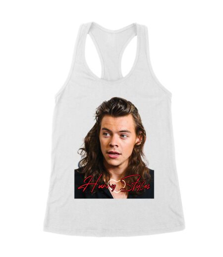 Close-Up Face Hary-Styls Fan Art Tee with Signature Script Font Women's Racerback Tank Top