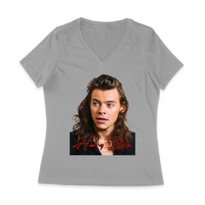 Close-Up Face Hary-Styls Fan Art Tee with Signature Script Font Women Jersey V-Neck