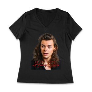 Close-Up Face Hary-Styls Fan Art Tee with Signature Script Font Women Jersey V-Neck – Viva Party