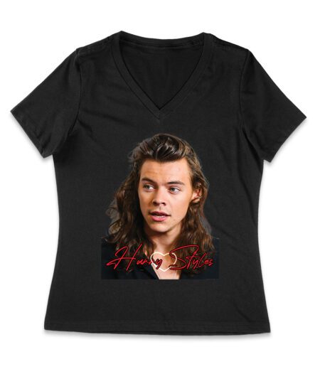 Close-Up Face Hary-Styls Fan Art Tee with Signature Script Font Women Jersey V-Neck – Viva Party
