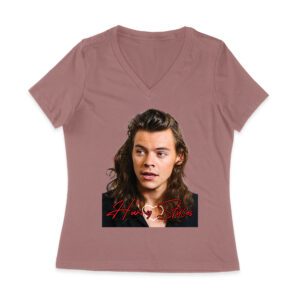 Close-Up Face Hary-Styls Fan Art Tee with Signature Script Font Women Jersey V-Neck
